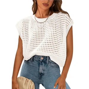 Women's Round Neck Hollow-out Sun Protection Knitted Sleeveless Tops Summer Bohemia Beach Style Solid Color Breathable Pullover