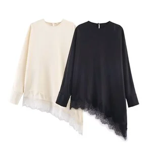 Casual Women's 2025 Autumn Asymmetrical Lace Long Sleeve Blouses