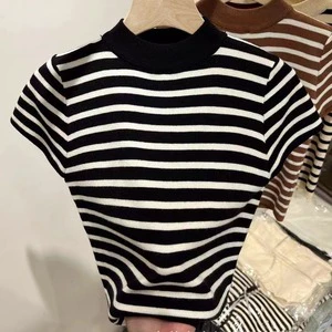 I-0787 Wholesale New Spring Best Sale Vintage Women's Crop Top Short-Sleeved Loose Turtleneck Striped Woven