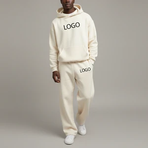 Men's Cream Hooded Tracksuit Set 100% Cotton Loose Fit Full Sleeve Solid Color Casual Jogger Pants With Logo Print Autumn Wear