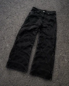 LEDUO Custom Hip Hop Spider Black Striped Print Jeans Men's High Waist Washed Wide Leg Pants