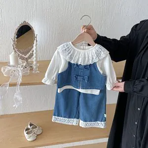 2026 New Style Spring And Autumn Denim Korean Style Long Sleeves Solid Color Three-piece Set Fashion Baby Girl Clothing Suit