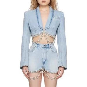 Low Price High Quality Women's Denim Suit Sexy Crop Jacket Top Rhinestone Mini Skirt Acid Wash Faded Denim Women Set