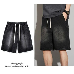 Young Style Men Denim Shorts Summer Comfortable Elastic Waist Straight Leg Short Pants Loose Black Blue Shorts