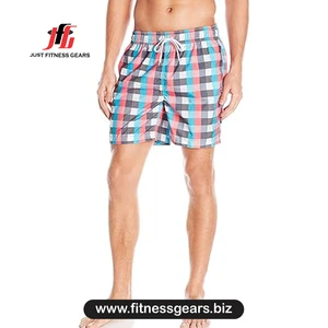 Men's Plaid Quick Dry Swim Trunks Drawstring Casual Beach Shorts Mid Waist Short Length