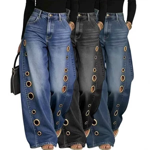 RNSHANGER Women's High Waist Wide Leg Jeans Blue Denim Gold Eyelet Cutout Decor Loose Fit Streetwear Casual Y2K Denim Trousers