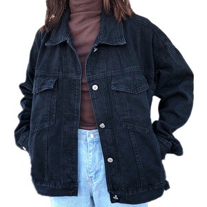 Spring Design Women's Black Denim Jacket Loose Fashion Lady's Long-sleeve Solid Color Style Denim Jacket
