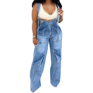 Women's Summer Street Casual Zipper Washed Jumpsuit Denim Back Pants Fashion