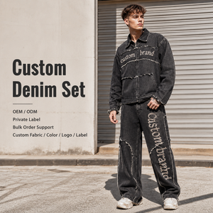 Wholesale Two Piece Set Men Black Washed Heavyweight Raw Cut Graphic Embroidery Wide Leg Retro Distressed Denim Jean Suit