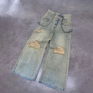 DiZNEW Men's Streetwear Beaded Denim Pants High Quality Vintage Washed Ripped Jeans With Chain and Long Loose Fit