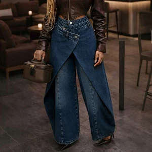 Channel New Arrivals 2026 Asymmetrical Wrap Front Baggy Jeans for Women Streetwear Irregular High Waist Wide Leg Denim Pants