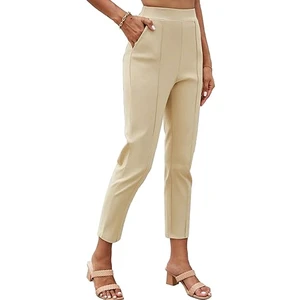 Fashionable Wholesale Stylish Plain Women Trousers Mid Elastic Waist Canvas Winter Flat Front Custom Casual Regular Fit Stock