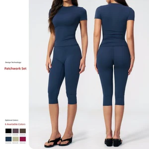 Breathable Tight-fit Yoga Wear Figure-flattering High-waist Quick-drying Spandex/Nylon 2-Piece Fitness Outfit Set