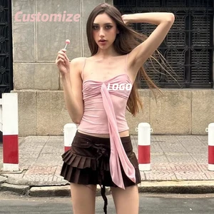 2024 Spring Hot Girl New Sexy Slim Fit Pleated See-through Mesh Camisole Small Vest for Women