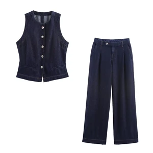 Street Y2K Style Denim Set Custom Women's Washed Slim Vest & Wide Leg Jeans 2-Piece Set Raw Hem Coord Suit Y2K Fashion Denim Set