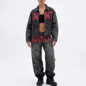 Manufacturer Custom Printed Twill Vintage Wash Distressed Ripped Denim Jacket and Jeans Pants Set for Men