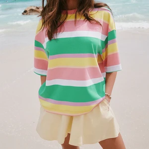 Beach Vacation Casual Daily Top Women Drop Shoulder Half Sleeve Tee Loose Pastel Rainbow Wide Striped Oversized T-Shirt