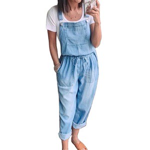 Women's Loose Casual Washed Denim Jumpsuits Solid Drawstrings Overalls