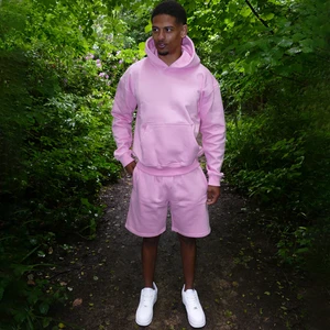 Wholesale Bulk Custom 3D Puff Print Hoodie Shorts Set Heavyweight Pastel Pink Oversized Streetwear Two Piece Sweatset