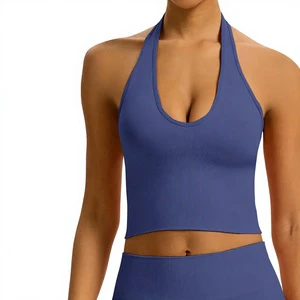 YOGA Butterluxe Halter Crop Tank Tops For Women - Open Back Padded Longline Sports Bras Workout Gym Brasier Deportivo