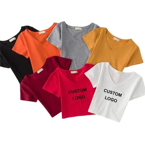 OEM Wholesale 95% Cotton 5% Spandex Customized Printing Logo V Neck Women Crop Top T Shirt