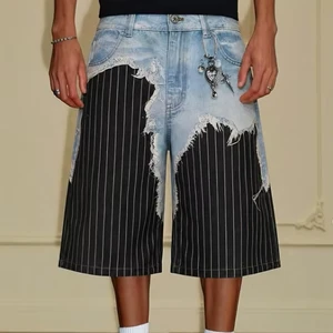 2026 12oz Acid Wash Denim Shorts, Patchwork Striped Design With Frayed Edges,, Men's Y2K Custom Denim Shorts