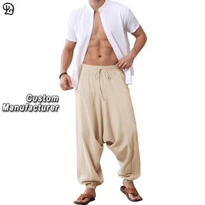 Men Casual Drop Crotch Pants Elastic Waist Drawstring Loose Harem Trouser Lightweight Breathable Summer Beach Yoga Travel Bottom