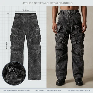 High Street Luxury Vintage Washed Black Distressed Layered Multi-Cargo Pocket Heavyweight 450GSM Denim Stacked Jeans For Men