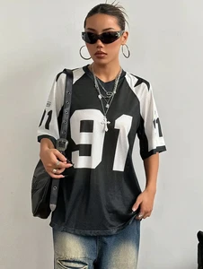 Women's Summer Sports Style Digital Print Color-blocking Spliced Mesh Loose Fit Short-sleeve T-shirt Jersey for Go Outing