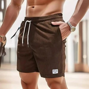 Men's Summer Sports Five-Point Shorts Solid Color Corduroy with Lace-Up Closure Mid Waist Elastic Waist Casual Cargo Pattern