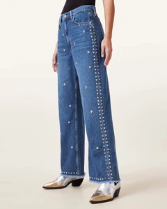 Women's Custom Print Hip Hop Streetwear Summer Breathable Washable Solid Wide Leg Denim Jeans High Waist Crystal Zippers Button