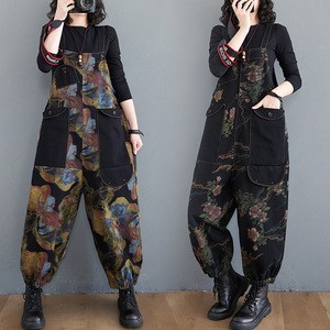 Wholesale Autumn and Winter Large Denim Strap Pants Loose Print Large Pocket Hanging Crotch Casual Harlan Jumpsuit