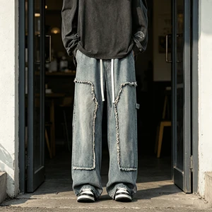 Customized High-Quality Vintage Wash Made Old Raw Edge Jeans Men's and Women's Loose Straight Wide Leg Jeans