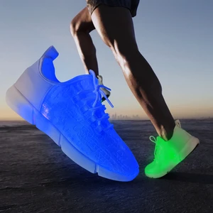 USB Rechargeable LED Light up Optic Fiber Shoes Sport White Sneakers Glow at Night for Party Gift