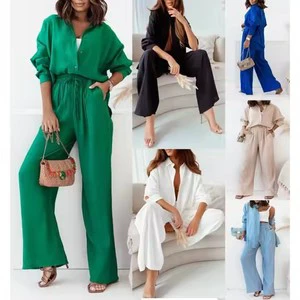 Spring Fall Ladies Pants Plus Size New Loose Elastic Wrinkle Long Sleeve Shirt Wide Leg Pants Casual Suit Women 2-Piece Set