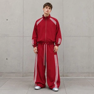 Custom Logo Men Two Piece Tracksuit Red Stand Collar Jacket Drawstring Wide Leg Pants Sport Streetwear Outfit