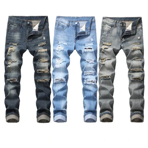 2025 Plus Size Men's Distressed Denim Jeans Pants Big Tall Customizable Logo Stonewashed Straight Style Mid Waist Techniques
