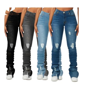 Women's High Rise Solid Color Slim Fit Ripped Stacked Denim Jeans Eco-Friendly Washed Casual Streetwear Vintage Summer