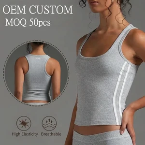Women Custom Logo Activewear Square Neck Withe Side Strips Racerback Gym Tank Top Breathable High Stretch Tummy Control Vest
