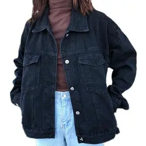 Spring Japanese Design Women's Black Denim Jacket Loose Fashion Lady's Long-sleeve Solid Color Style Denim Jacket