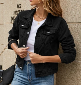 Women's Solid Color Denim Jacket Casual Long Sleeve Button Down Chest Pocket Jean Jacket Coat for Women