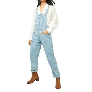 High Waist Button Denim Jumpsuit with Neckline Sleeveless Straight Cut Leg and Square Pockets on the Front White Shorts