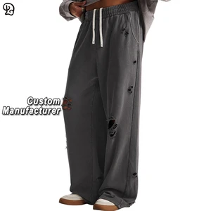 Custom Man Ripped Sweatpants Casual Loose Fit Wide Leg Pants High Waist Drawstring Distressed Jogger Trendy Wash Cotton Bottoms