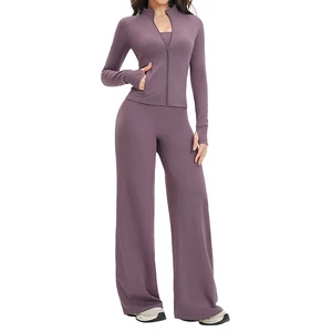 Brushed Solid Elastic Waist High Waist Breathable Plus Size Yoga Sports Suit Tight Wide-leg Casual Outdoor Running Women's Sets