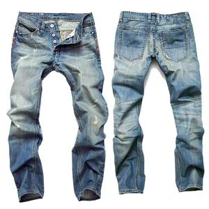 New Design Men's Straight Knitted Jeans Full Length Cotton Plus Size Casual Lightweight Mid Waist Print Style Button Fly