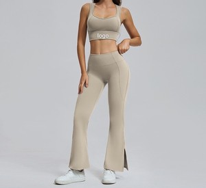 Unisex Yoga Set-Two-Piece Featuring Nude Open-Weave Top and High-End Running Micro-Flared Yoga Pants (Polyester)