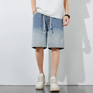 Summer Stylish Casual Denim Shorts Gradient Wash Finish Textured Surface Drawstring Elastic Waist Breathable Men's Shorts