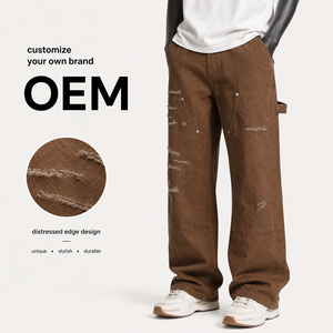 European American High Street Loose Micro Flare Jeans, Washed Ripped Cat Whisker Denim Cargo Work Pants For Men
