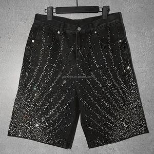 Summer Oversized Distressed Bermuda Jeans Manufacturer Custom Streetwear Acid Wash Jorts Baggy Rhinestone Men's Denim Shorts