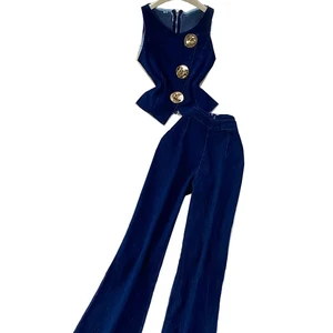 2025 Fall Women's Two Piece Denim Pant Suits V Neck Button Down Tank Top and Raw Hem Wide Leg Jeans 2 Piece Outfit